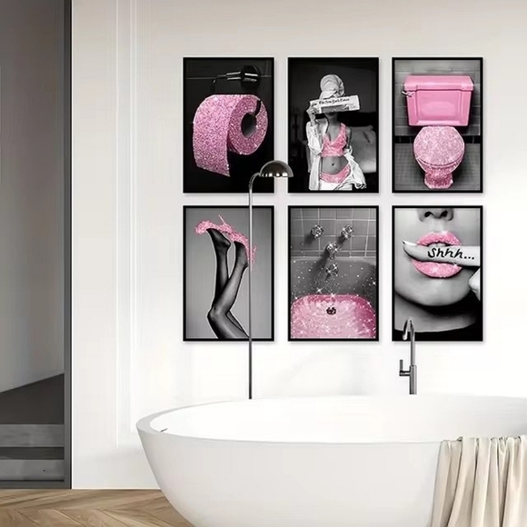 Pink glitter Art Print  Color Pop Art Bathroom Wall Decor Set unframed (6) - Picture 7 of 7